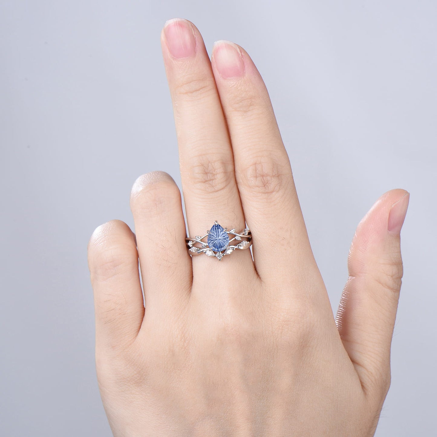 Cornflower Blue Lab Sapphire Engagement Ring Set | Pear Cut Starburst Twig Vine Wedding Set