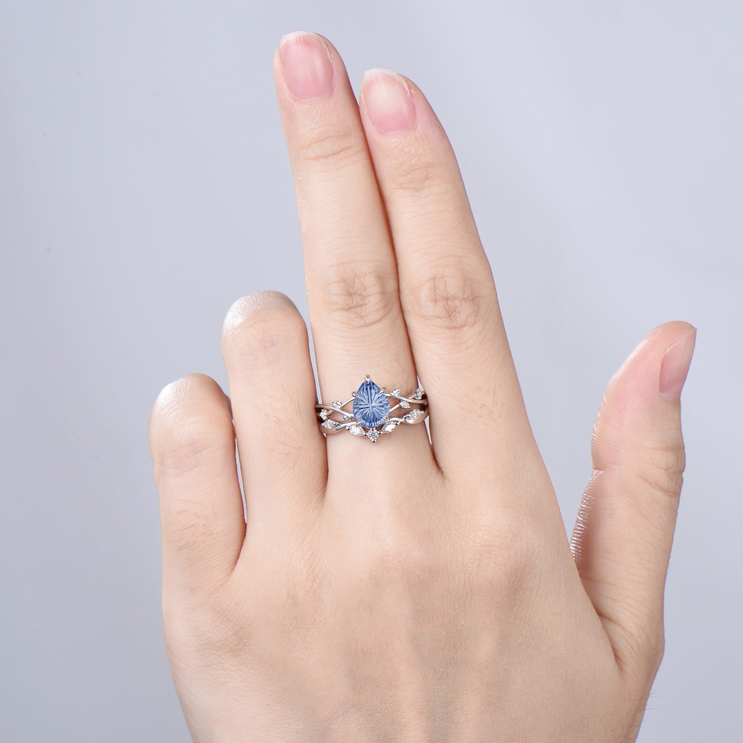 Cornflower Blue Lab Sapphire Engagement Ring Set | Pear Cut Starburst Twig Vine Wedding Set