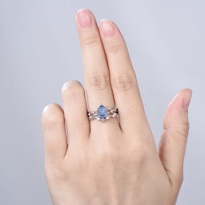Cornflower Blue Lab Sapphire Engagement Ring Set | Pear Cut Starburst Twig Vine Wedding Set