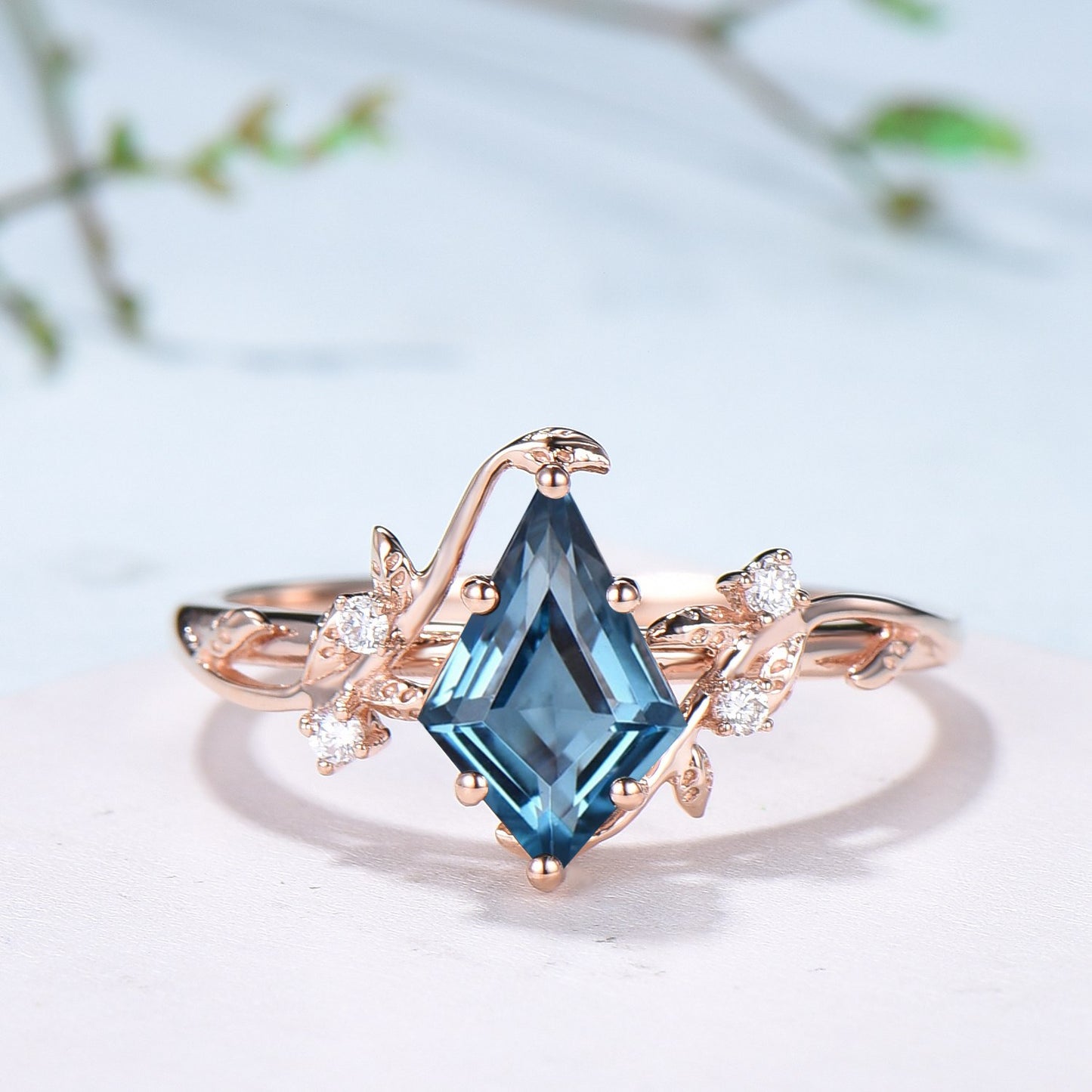 Unique gothic kite cut London blue topaz engagement ring set cluster diamond engagement ring leaf vine nature inspired citrine wedding set - PENFINE