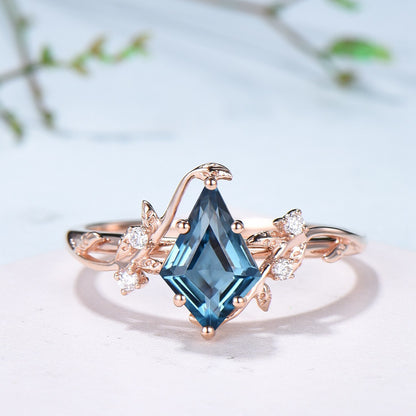 Unique gothic kite cut London blue topaz engagement ring set cluster diamond engagement ring leaf vine nature inspired citrine wedding set - PENFINE