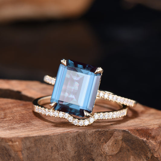 Hidden Halo Emerald Cut Alexandrite Engagement Ring Vintage 14K Rose Gold 6CT Alexandrite Diamond Wedding Ring Anniversary Gifts For Women - PENFINE