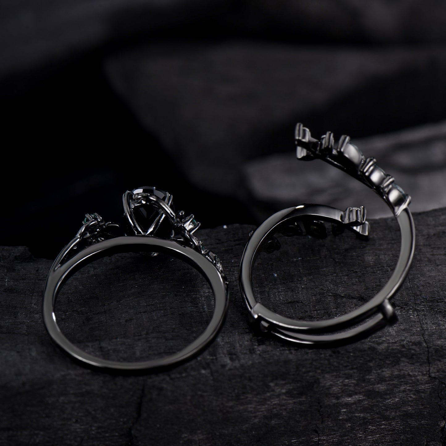 Unique gothic black gold onyx engagement ring set leaf nature inspired emerald wedding ring set twig vine marquise moss agate bridal set