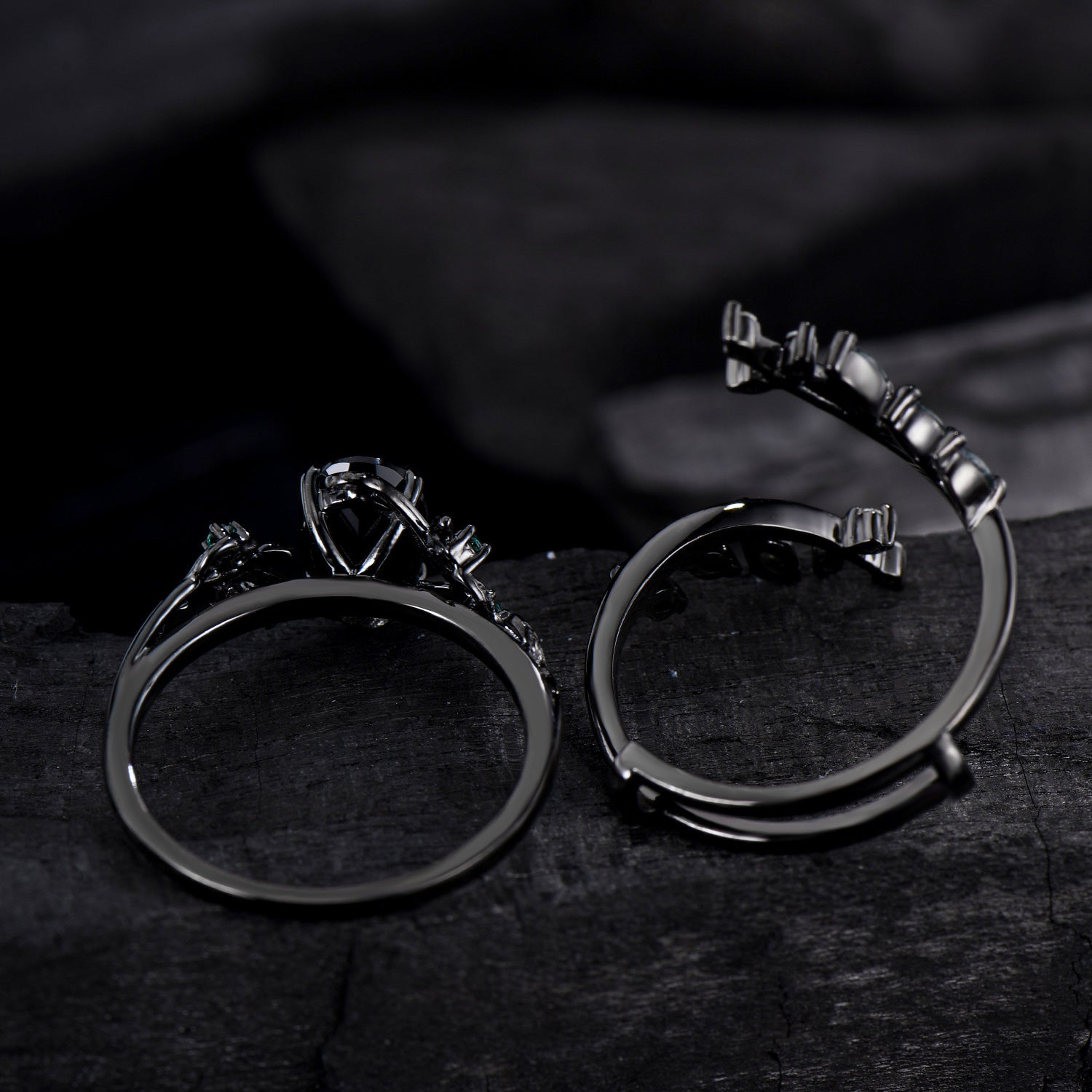 Unique gothic black gold onyx engagement ring set leaf nature inspired emerald wedding ring set twig vine marquise moss agate bridal set