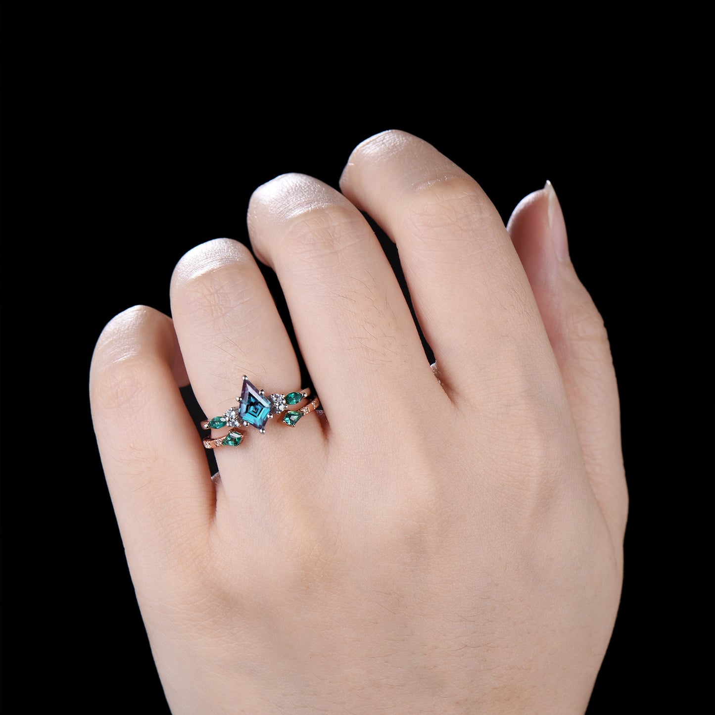 Vintage Kite Cut Alexandrite Engagement Ring Set, Art Deco Marquise Emerald Bridal Set, Unique Open Gap Stacking Band Wedding Set for Women