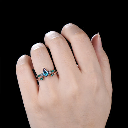 Vintage Kite Cut Alexandrite Engagement Ring Set, Art Deco Marquise Emerald Bridal Set, Unique Open Gap Stacking Band Wedding Set for Women