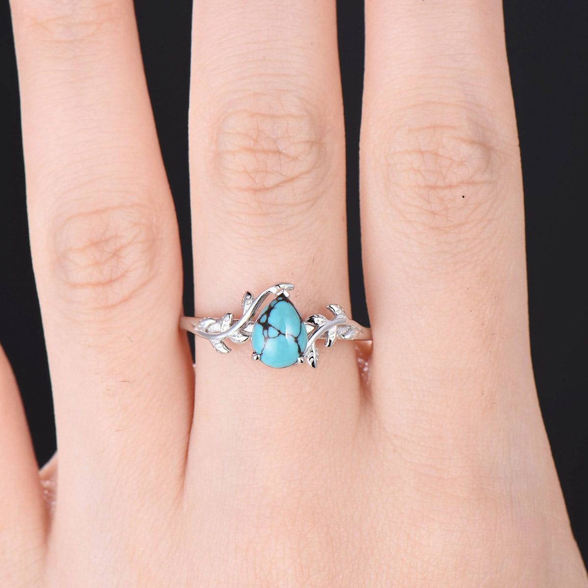 Teardrop Turquoise Ring White Gold Natural Inspired Leaf Turquoise Engagement Ring Branch Gold Wedding Ring for Women Twig Promise Ring - PENFINE