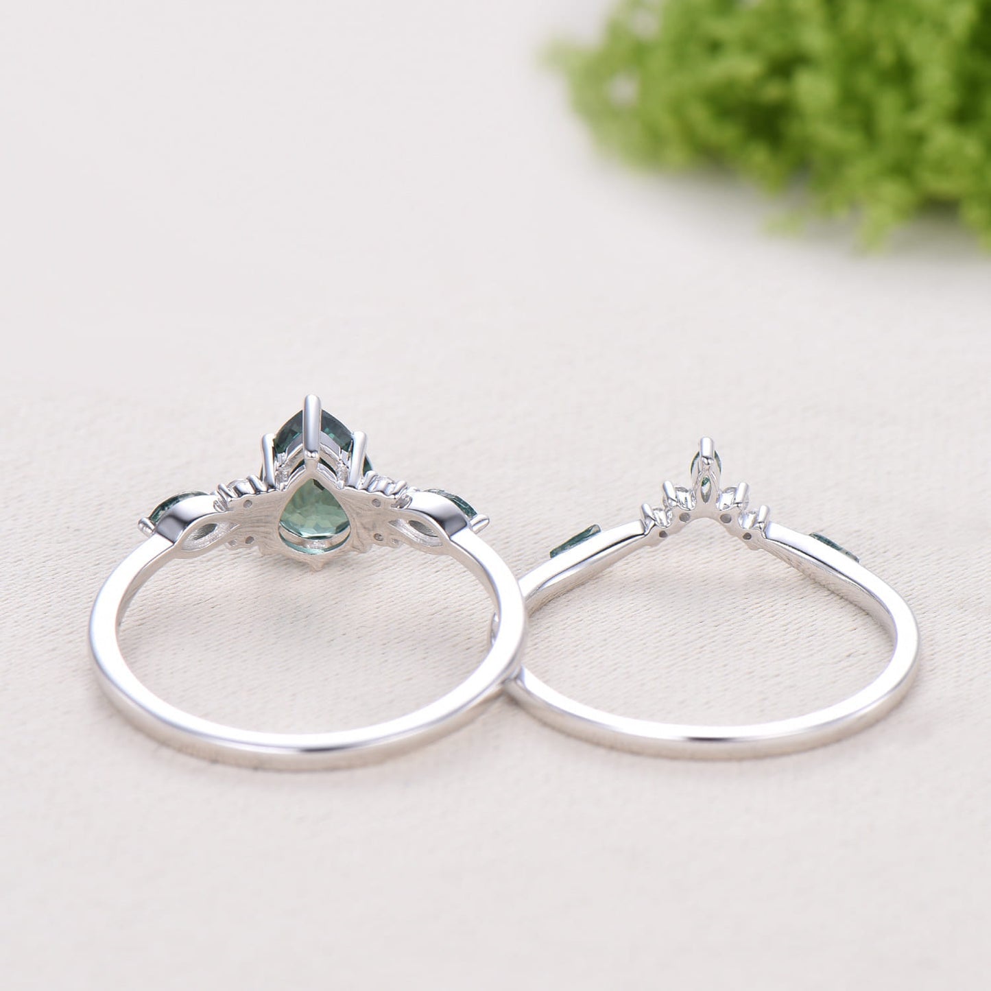 Vintage Pear Shaped Green Teal Sapphire Engagement Ring Set Unique 14k Rose Gold Vine Moss Agate Bridal Set Anniversary Promise Ring Gift