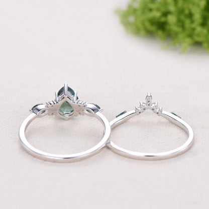 Vintage Pear Shaped Green Teal Sapphire Engagement Ring Set Unique 14k Rose Gold Vine Moss Agate Bridal Set Anniversary Promise Ring Gift