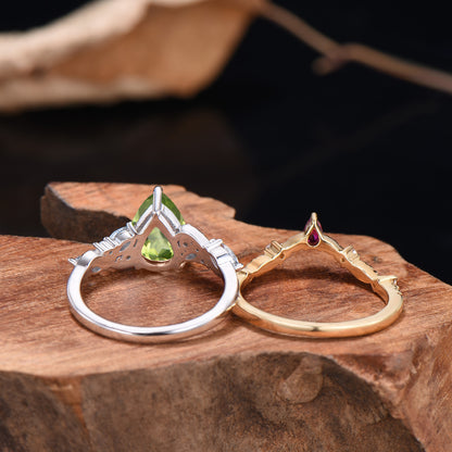Pear Cut Peridot Engagement Ring Set Nature Inspired Gold Leaf Twig Bridal Set