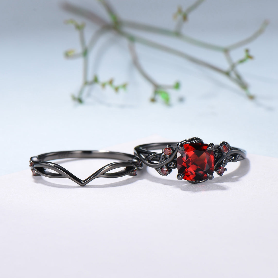 Unique gothic cushion cut garnet wedding ring set black gold natural inspired January birthstone engagement ring for women 2pcs bridal set - PENFINE