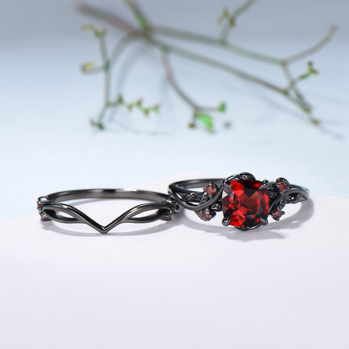 Unique gothic cushion cut garnet wedding ring set black gold natural inspired January birthstone engagement ring for women 2pcs bridal set - PENFINE