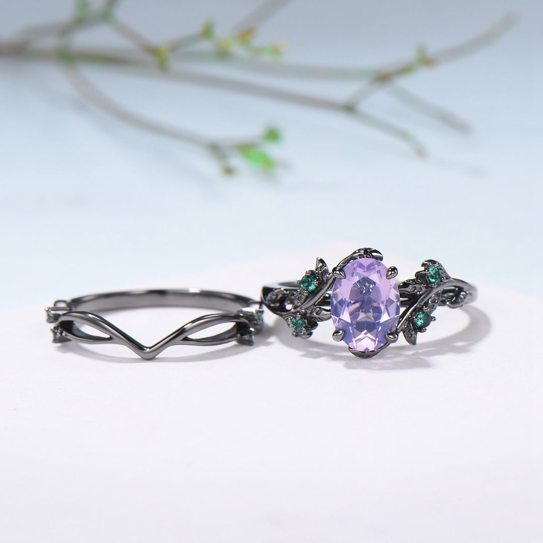 Gothic Oval Lavender Amethyst & Emerald Engagement Ring in Black Gold - Nature Inspired Elvish Vine Band - PENFINE