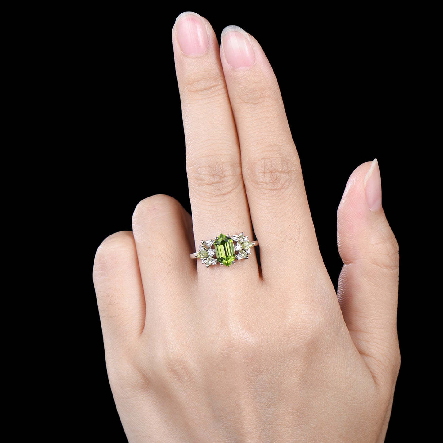 Vintage Art Deco Peridot Engagement Ring, Marquise Moissanite Accent