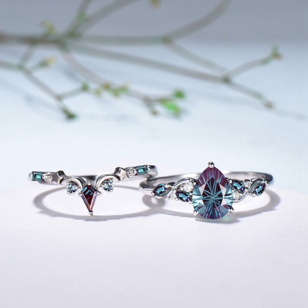 Nebula Teardrop Fireworks Cut Alexandrite Crown Engagement Ring Set: Moon Star Stacking Band - PENFINE