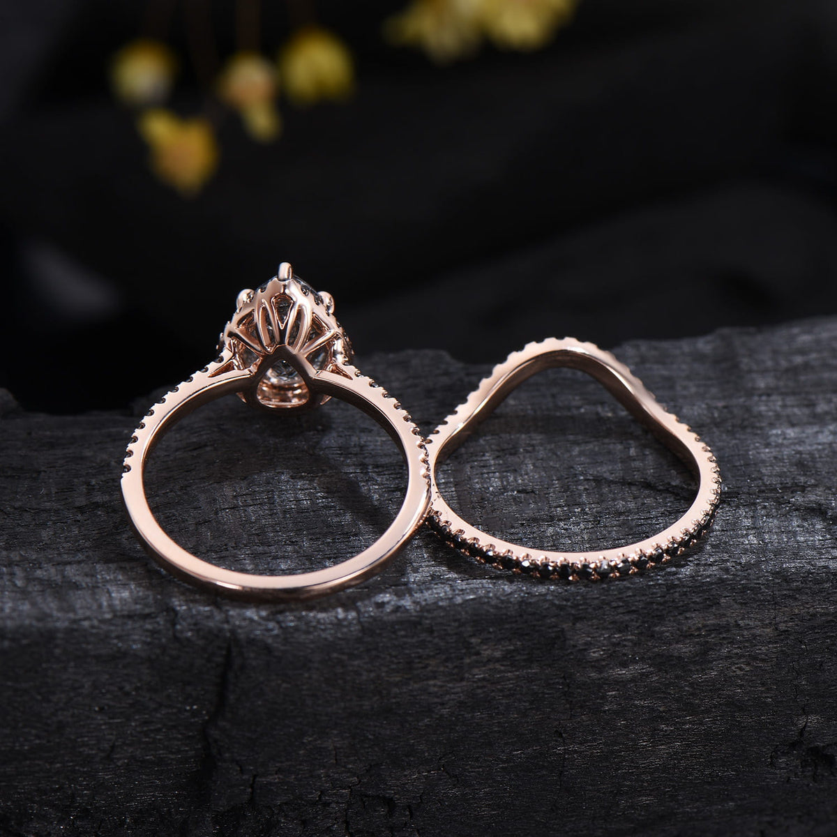 Unique Pear Black Rutilated Quartz Ring Set Midnight Crescent Rose Gold