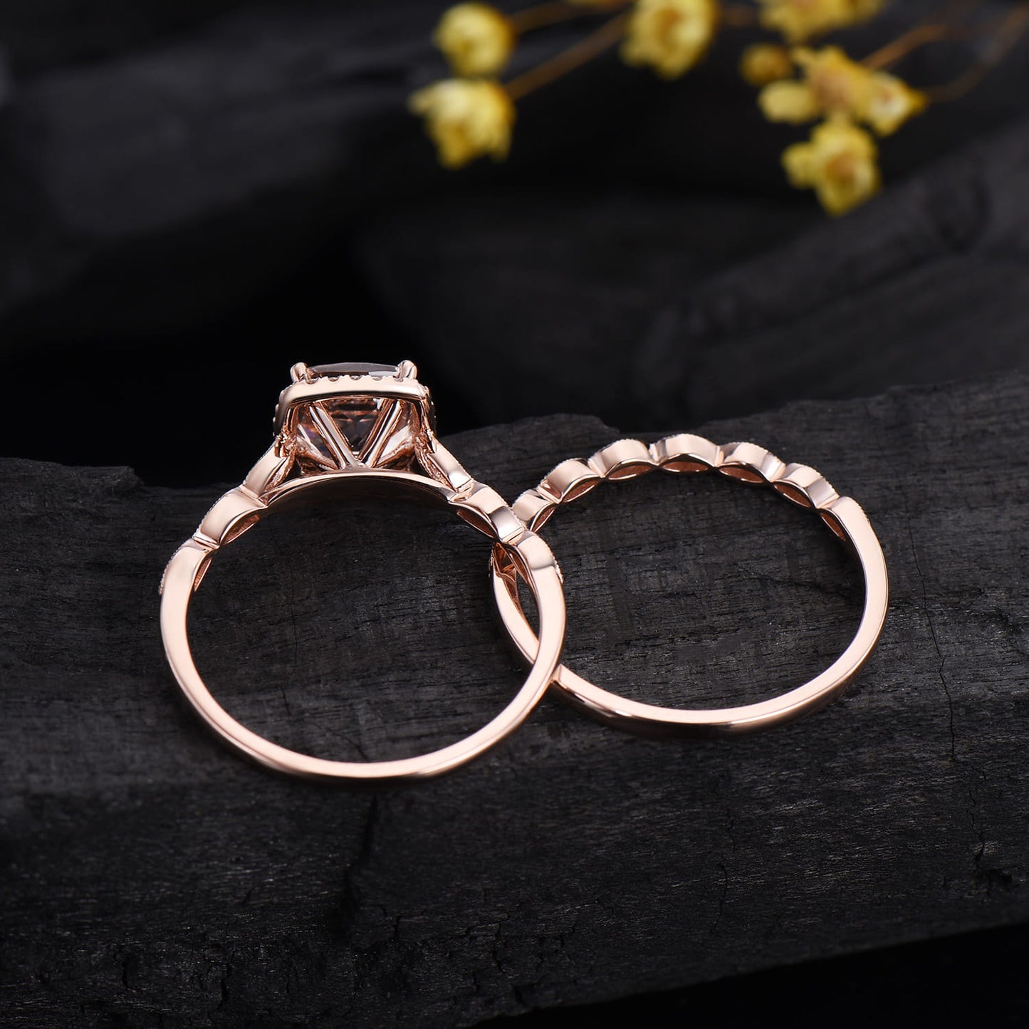Cushion Cut Natural Morganite Engagement Ring Diamond Halo Bridal Set