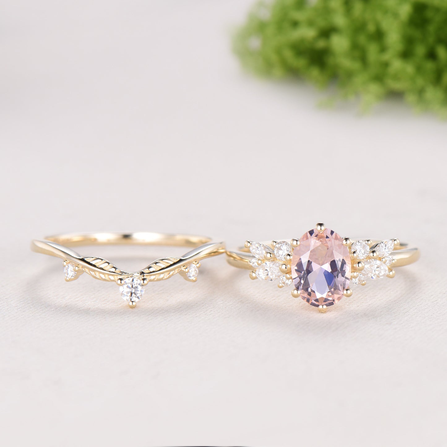 Oval Morganite Wedding Ring Set Rose Gold Morganite Diamond Engagement Ring Set Vintage Leaf Stacking Ring Natural Inspired Promise Ring