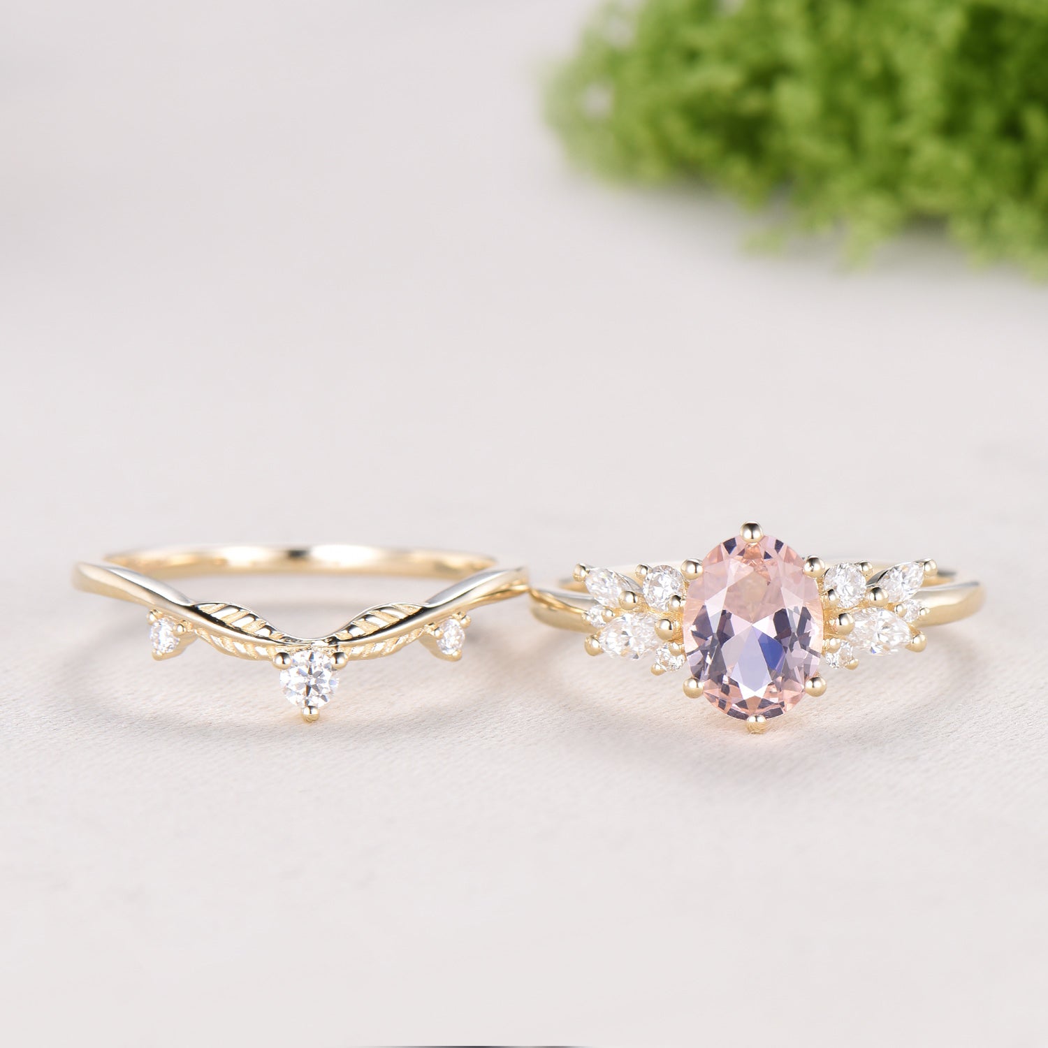 Oval Morganite Wedding Ring Set Rose Gold Morganite Diamond Engagement Ring Set Vintage Leaf Stacking Ring Natural Inspired Promise Ring