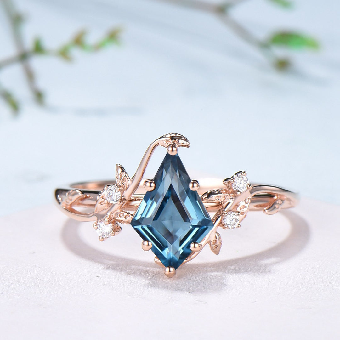 Nature inspired kite cut London blue topaz engagement ring set cluster marquise diamond ring leaf branch lef vine citrine wedding set women - PENFINE
