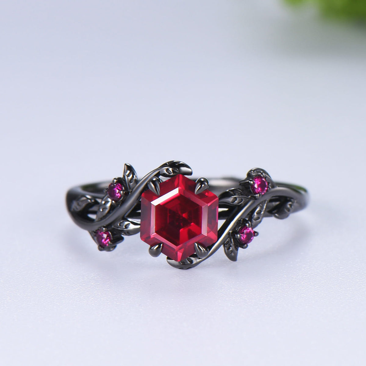Nature inspired hexagon cut ruby wedding ring set black gold branch   twig vine engagement ring set