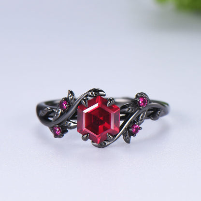 Nature inspired hexagon cut ruby wedding ring set black gold branch   twig vine engagement ring set