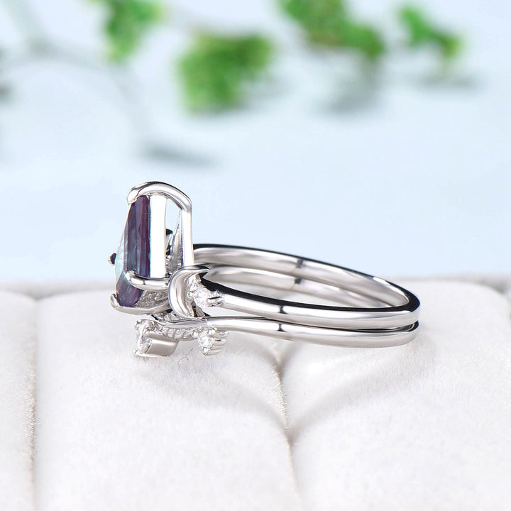 Vintage kite shaped Alexandrite engagement ring set rose gold Unique Celestial moon wedding ring for women band June birthstone promise ring - PENFINE