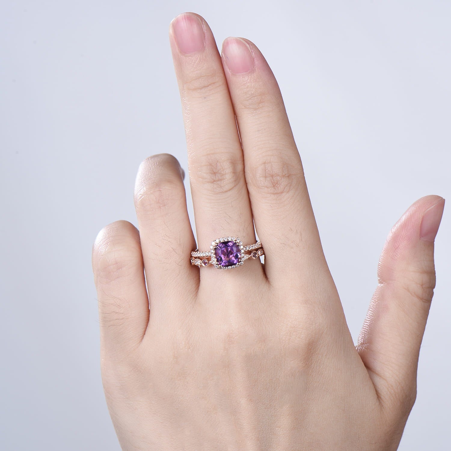 Cushion cut amethyst wedding ring set 14k rose gold vintage antique amethyst engagement ring set for women Art deco halo diamond bridal set - PENFINE