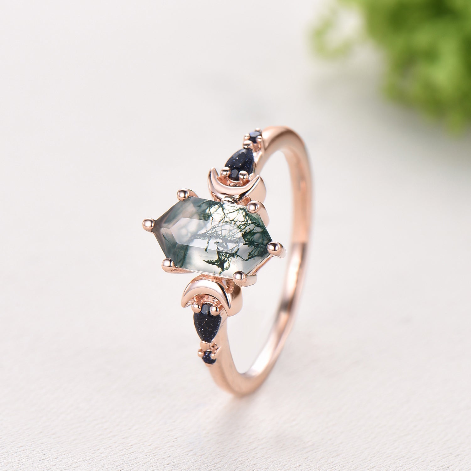Long Hexagon Moss Agate Engagement Ring, Crescent Moon Blue Sandstone Band, Celestial Jewelry, Unique 14K Rose Gold Wedding Ring Set - PENFINE