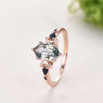Long Hexagon Moss Agate Engagement Ring, Crescent Moon Blue Sandstone Band, Celestial Jewelry, Unique 14K Rose Gold Wedding Ring Set - PENFINE