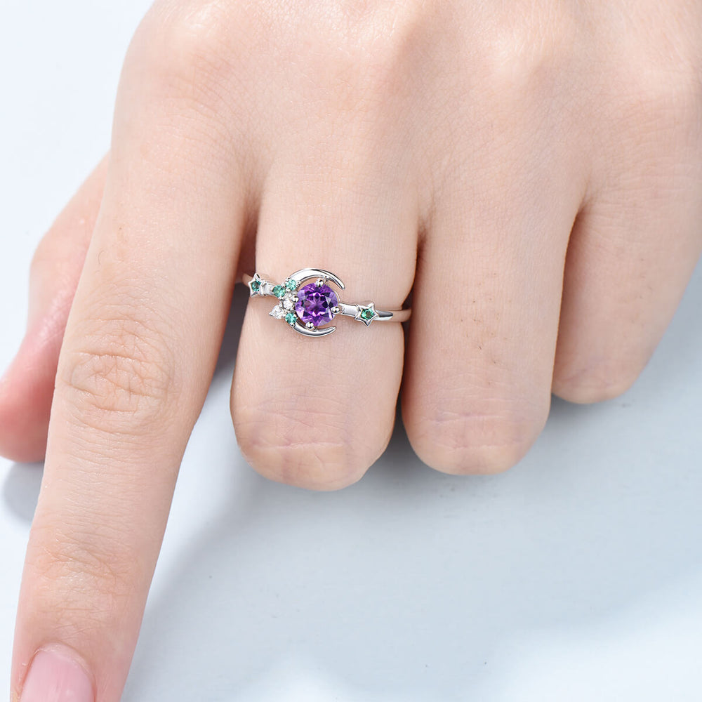 Vintage Crescent moon Amethyst Ring For Women Unique Cluster Star Galaxy Emerald moissanite wedding ring celestial anniversary gift for her - PENFINE