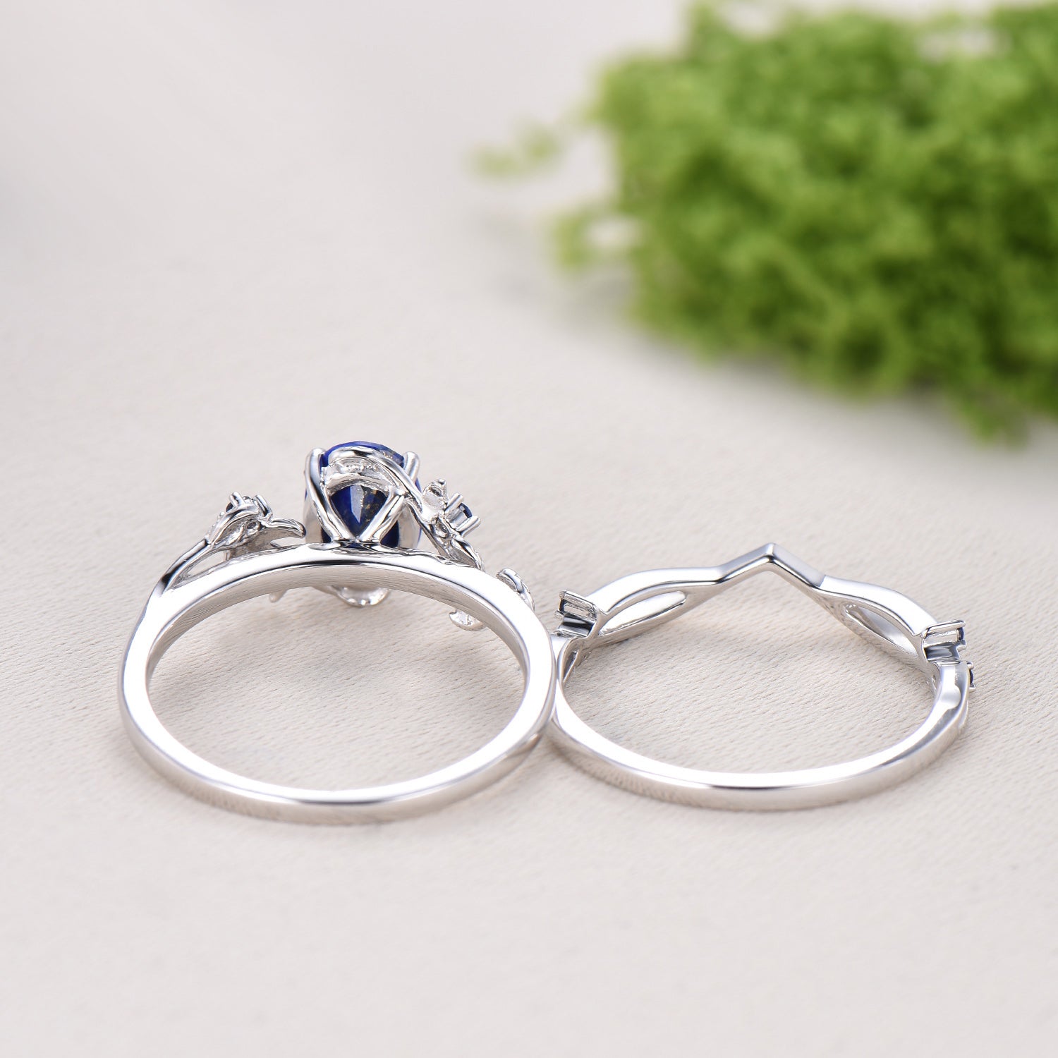 Nature Inspired Lapis Lazuli Wedding Ring Set Elegant Twig Engagement Ring Cluster Sapphire Branch Promise Ring Blue Stone Anniversary Ring - PENFINE