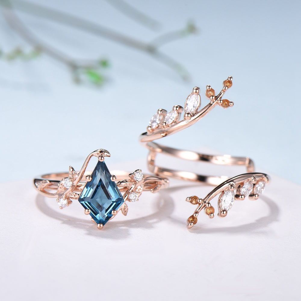 Nature inspired kite cut London blue topaz engagement ring set cluster marquise diamond ring leaf branch lef vine citrine wedding set women - PENFINE