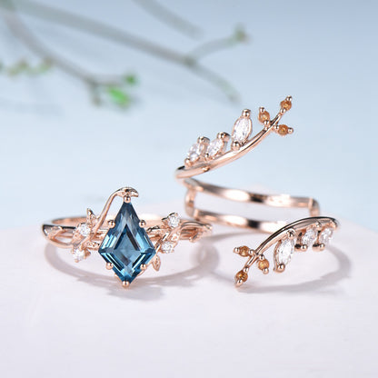 Nature inspired kite cut London blue topaz engagement ring set cluster marquise diamond ring leaf branch lef vine citrine wedding set women - PENFINE