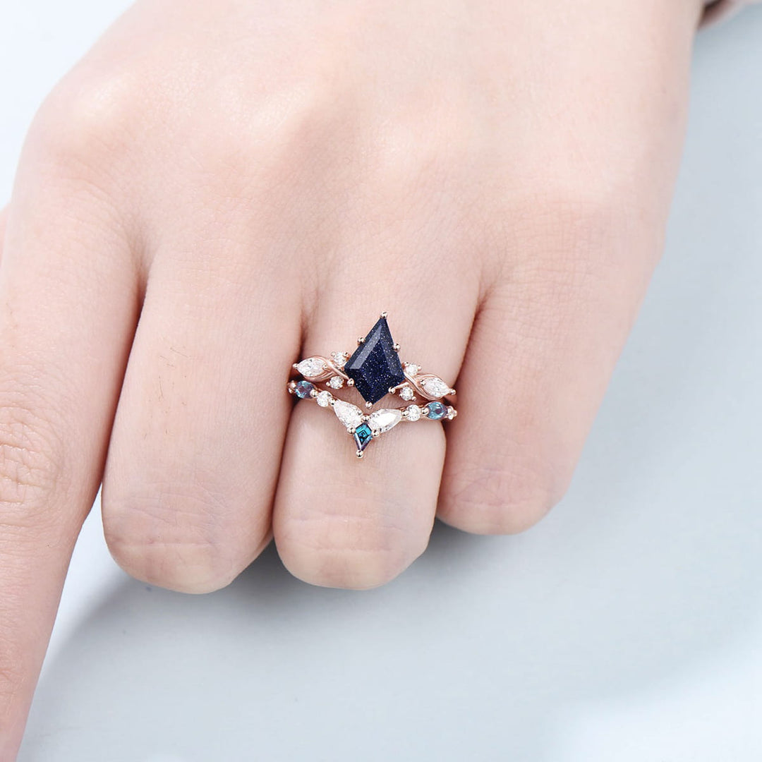 Unique Starry Sky Kite Cut Blue Sandstone Engagement Ring Set Kite Alexandrite Moissanite Bridal Set Antique Art Deco Wedding Ring Set - PENFINE