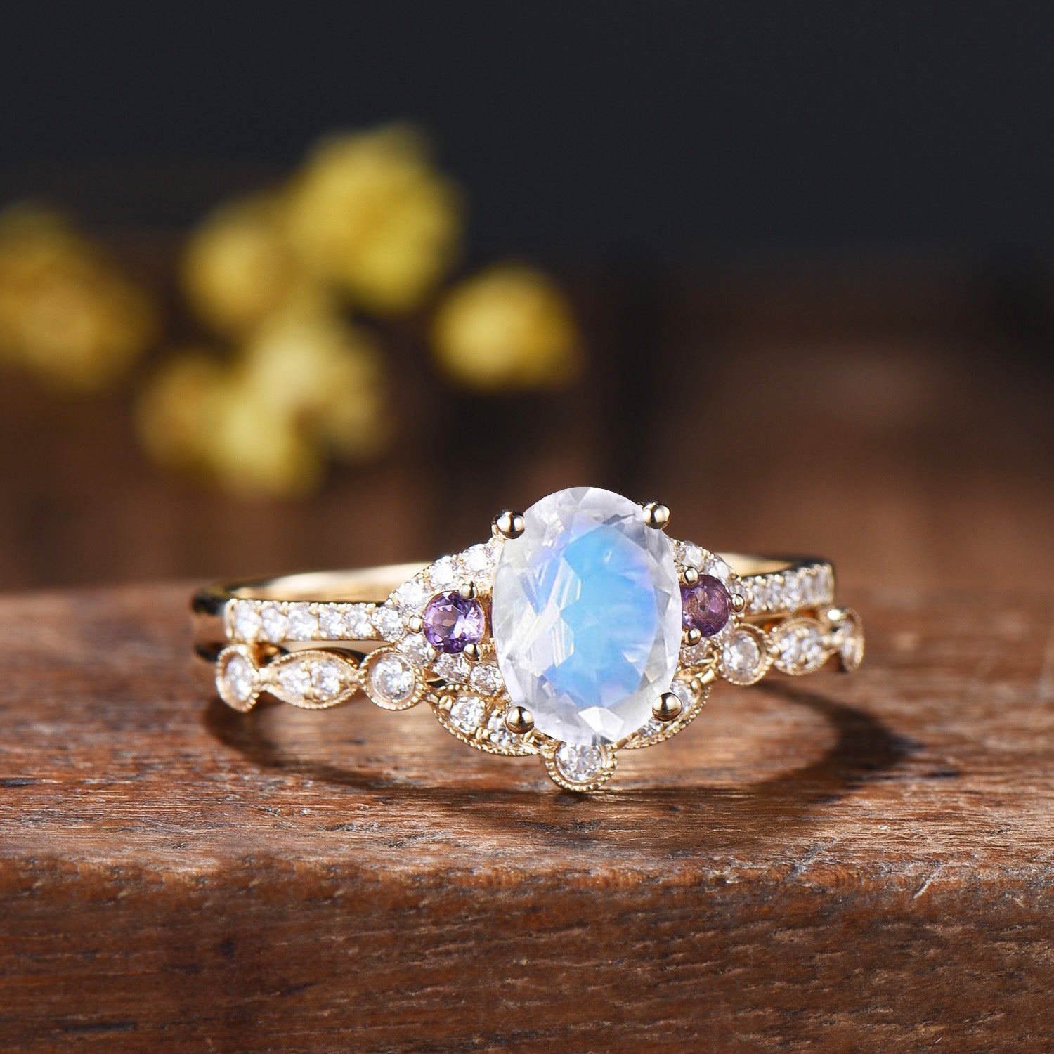 Vintage Moonstone Engagement Ring Set: 14K Gold, Amethyst Bridal Band