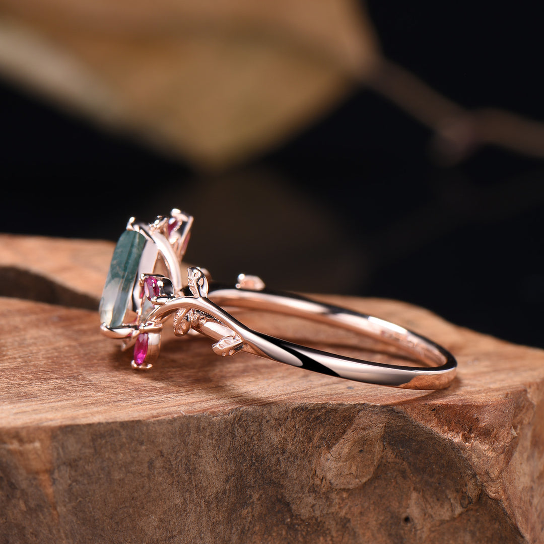 Nature Inspired Moss Agate Ring Leaf Marquise Cut Ruby Ring - PENFINE