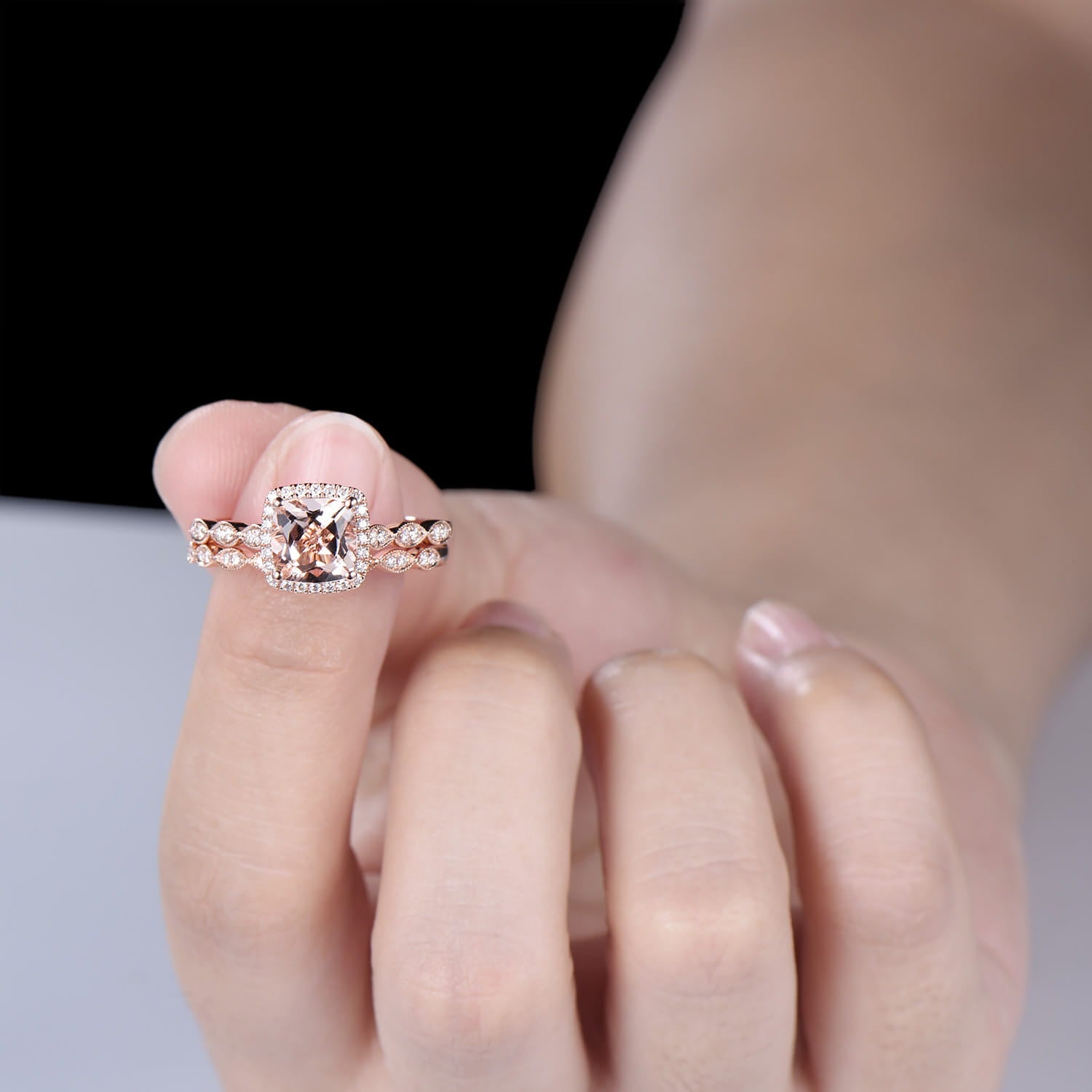 Cushion Cut Natural Morganite Engagement Ring Diamond Halo Bridal Set