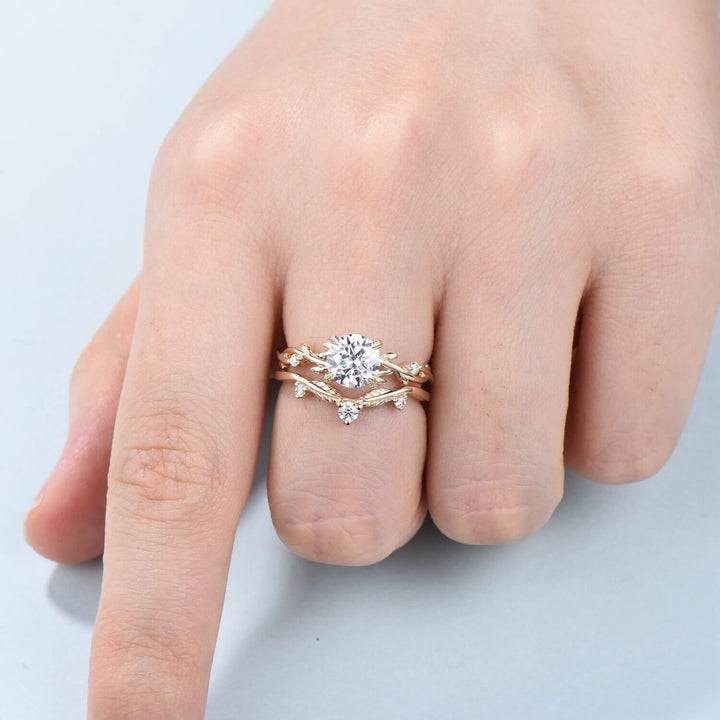 1CT Round Brilliant Moissanite Engagement Ring Set  Nature Inspired Branch Twig Moissanite Wedding Set Unique Leaf anniversary promise ring - PENFINE