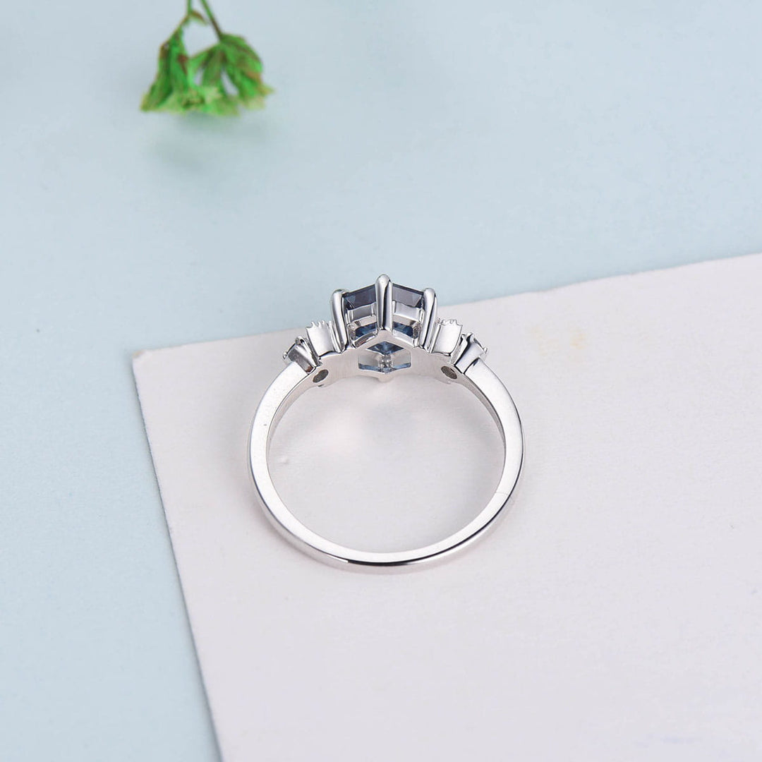 Unique hexagon alexandrite engagement ring Magic celestial moon color change engagement ring vintage crescent wedding ring gift for women - PENFINE