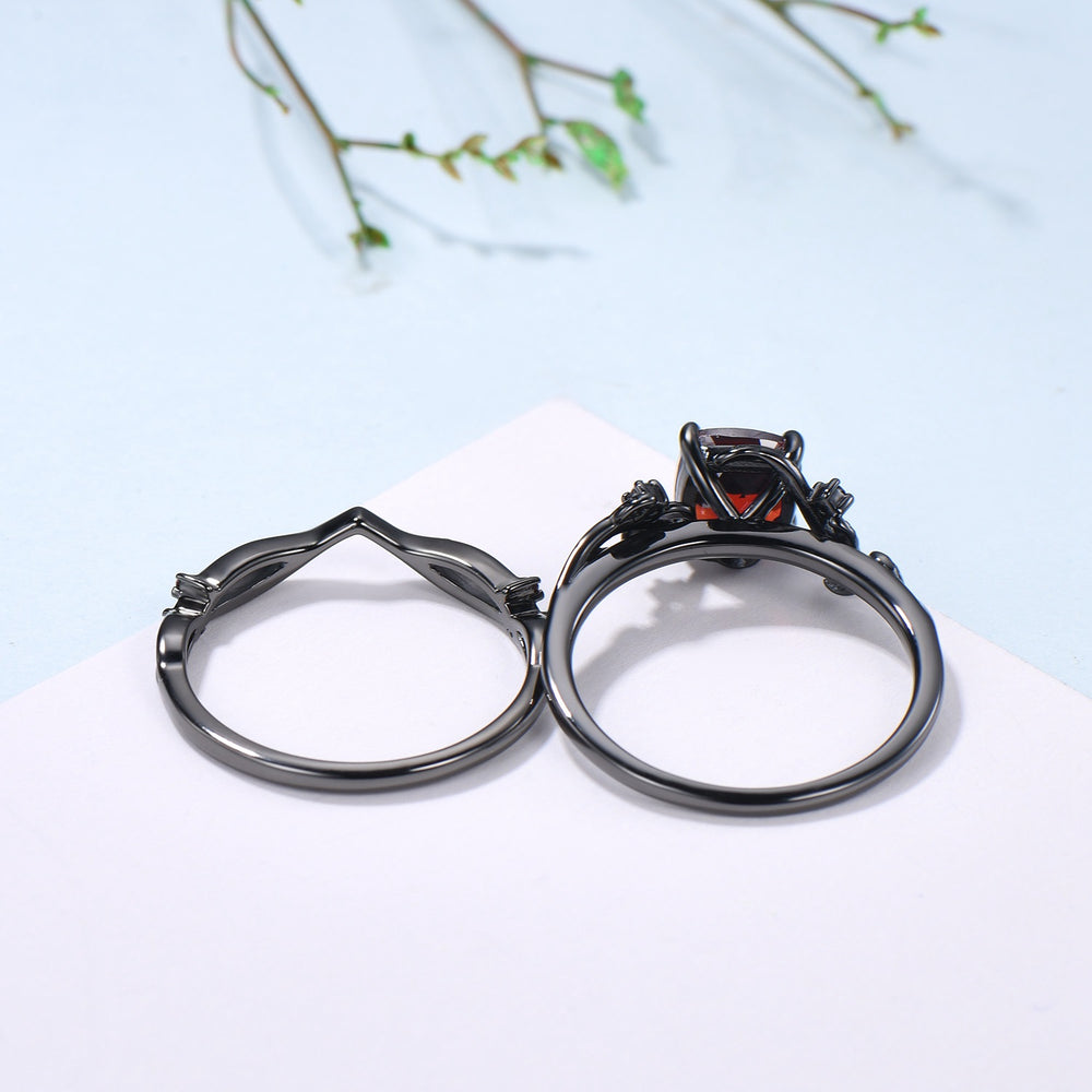 Unique gothic cushion cut garnet wedding ring set black gold natural inspired January birthstone engagement ring for women 2pcs bridal set - PENFINE