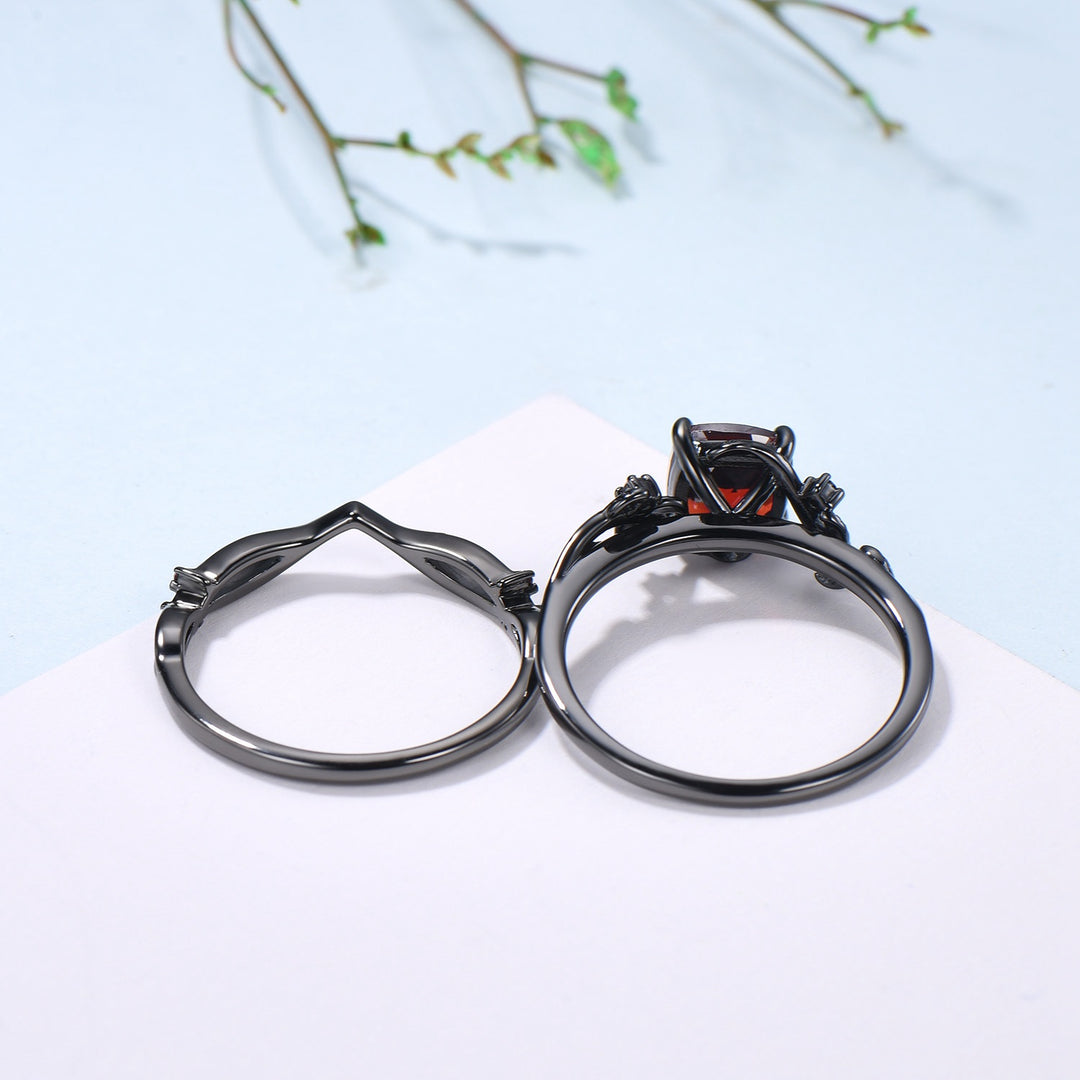 Unique gothic cushion cut garnet wedding ring set black gold natural inspired January birthstone engagement ring for women 2pcs bridal set - PENFINE