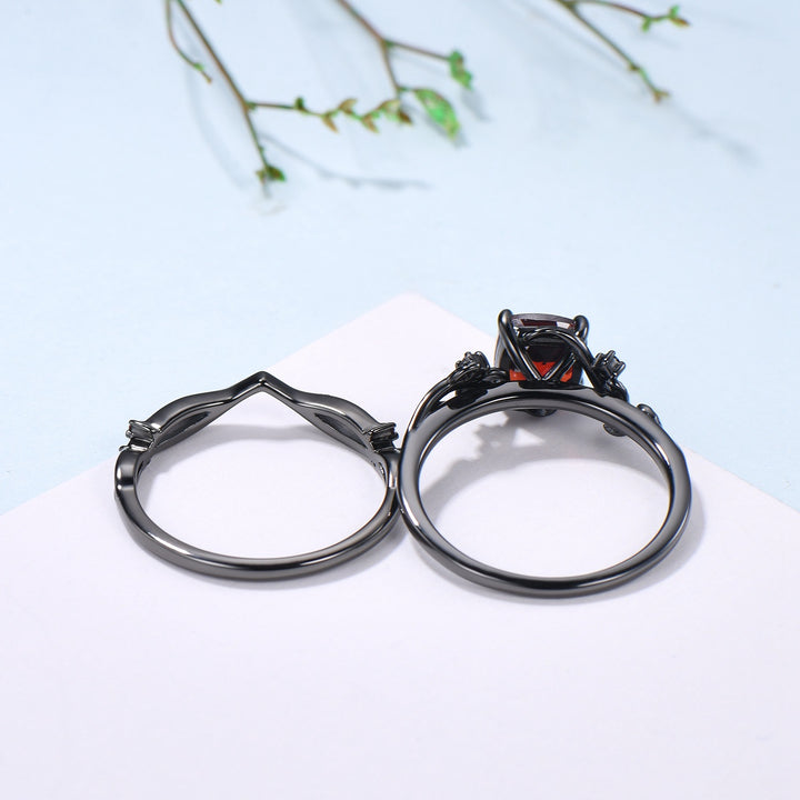 Unique gothic cushion cut garnet wedding ring set black gold natural inspired January birthstone engagement ring for women 2pcs bridal set - PENFINE