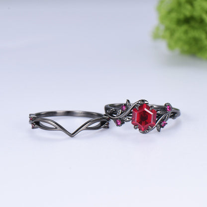 Nature inspired hexagon cut ruby wedding ring set black gold branch   twig vine engagement ring set