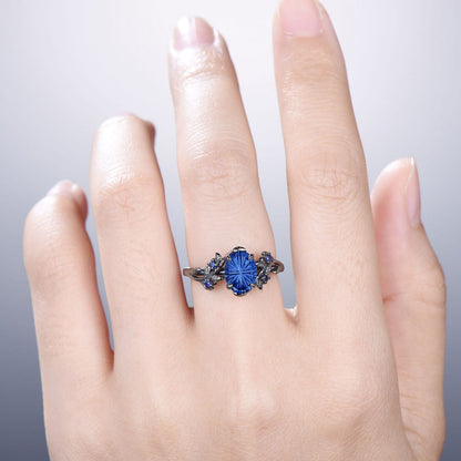 Black Gold Oval Fantasy Cut Sapphire Engagement Ring Nature Inspired Leaf Vine Ring