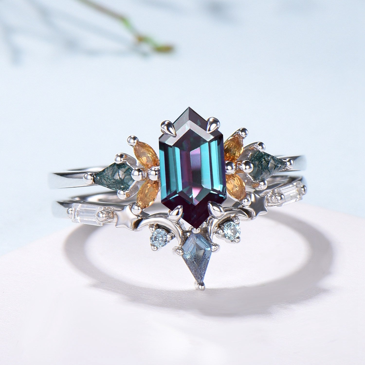 Vintage Elongated Hexagon Alexandrite Bridal Set with Citrine Moss Agate Cluster - PENFINE