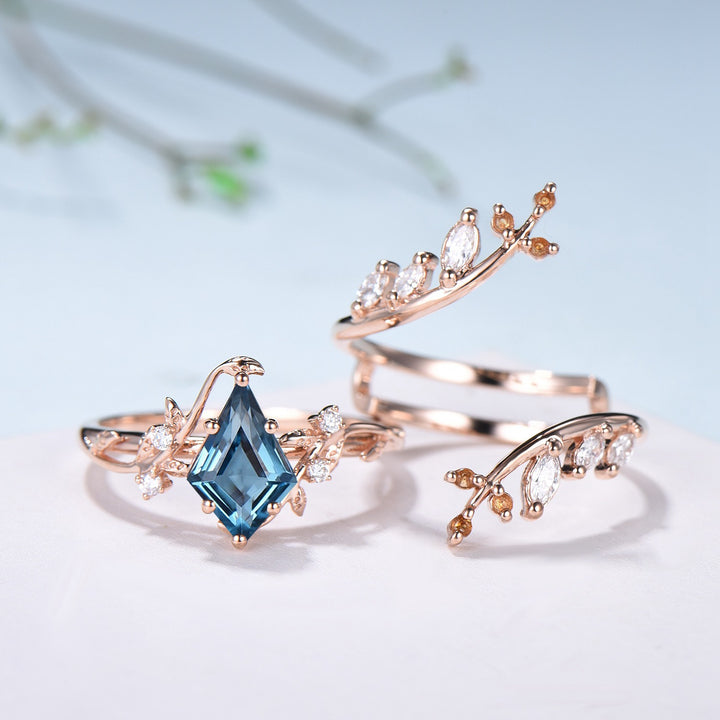 Unique gothic kite cut London blue topaz engagement ring set cluster diamond engagement ring leaf vine nature inspired citrine wedding set - PENFINE
