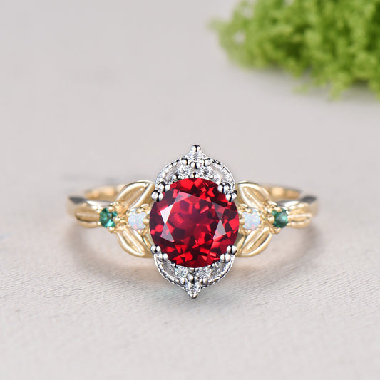 Unique Two Tone Gold Ruby Engagement Ring, Crescent Moon Leaf Vine Wedding Band, Cluster Opal Emerald Promise Ring Handmade Proposal Gifts