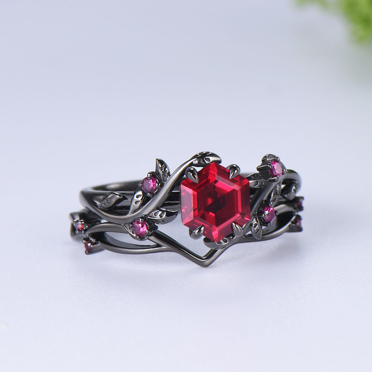 Nature inspired hexagon cut ruby wedding ring set black gold branch   twig vine engagement ring set