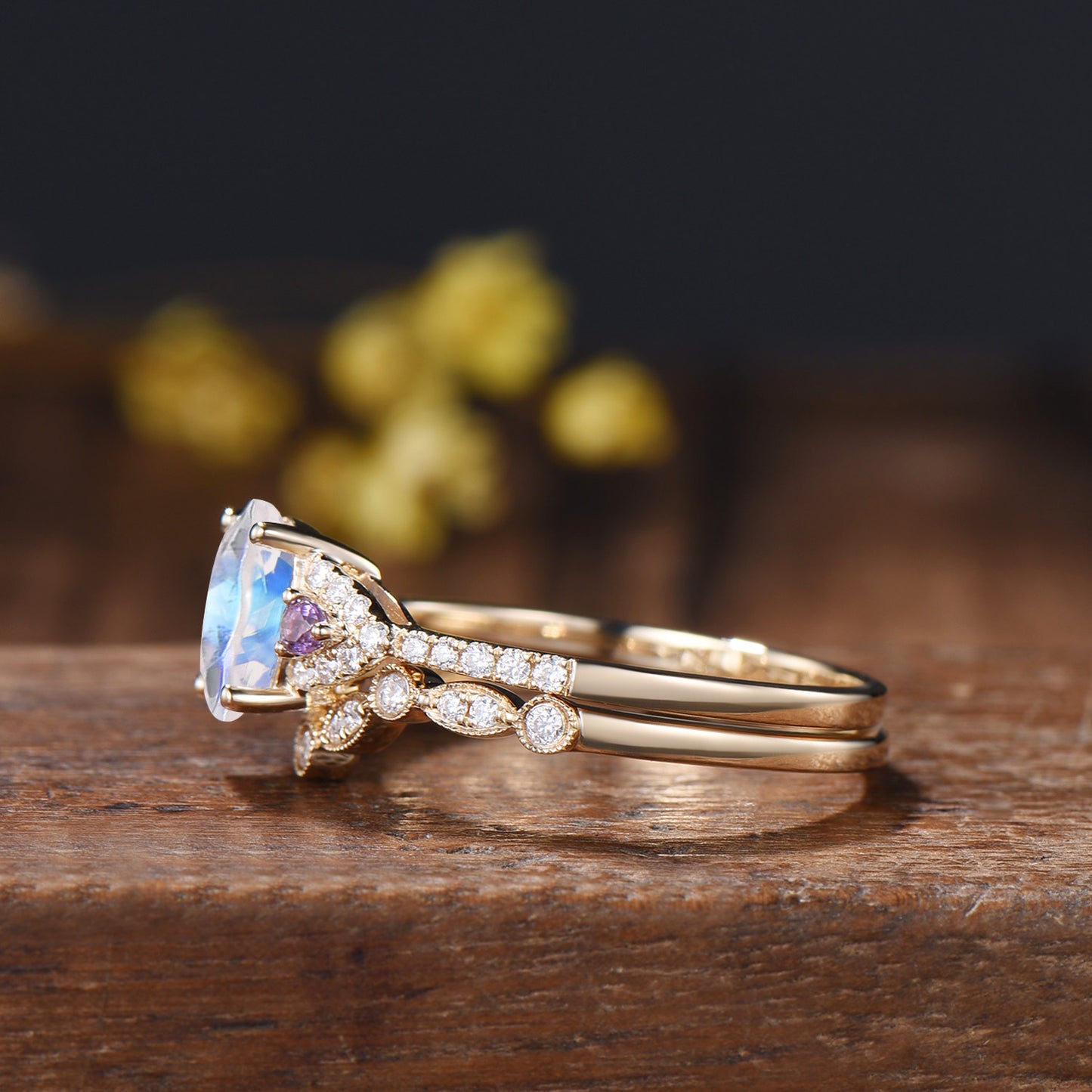 Vintage Moonstone Engagement Ring Set: 14K Gold, Amethyst Bridal Band